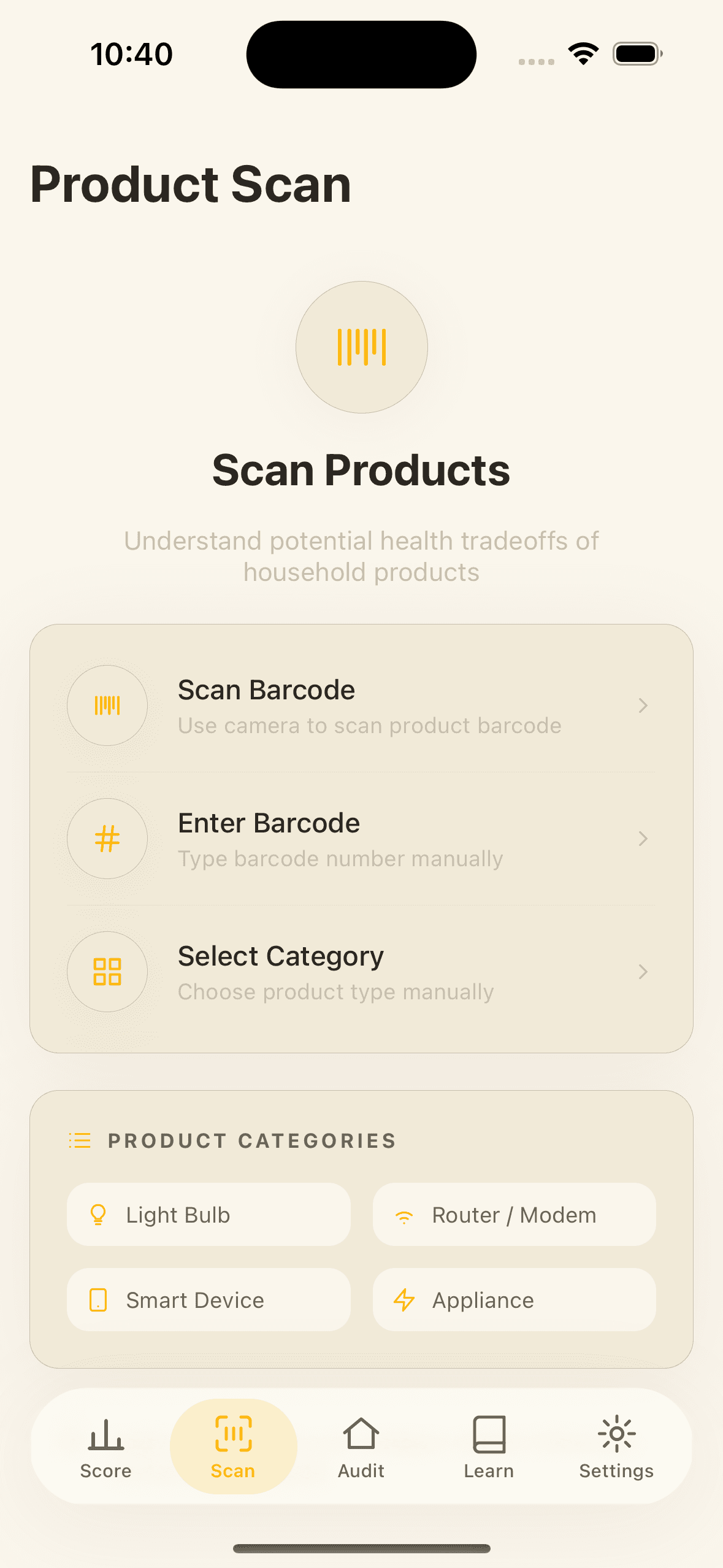 Product Scan screen for checking light bulbs, routers, smart devices and appliances.